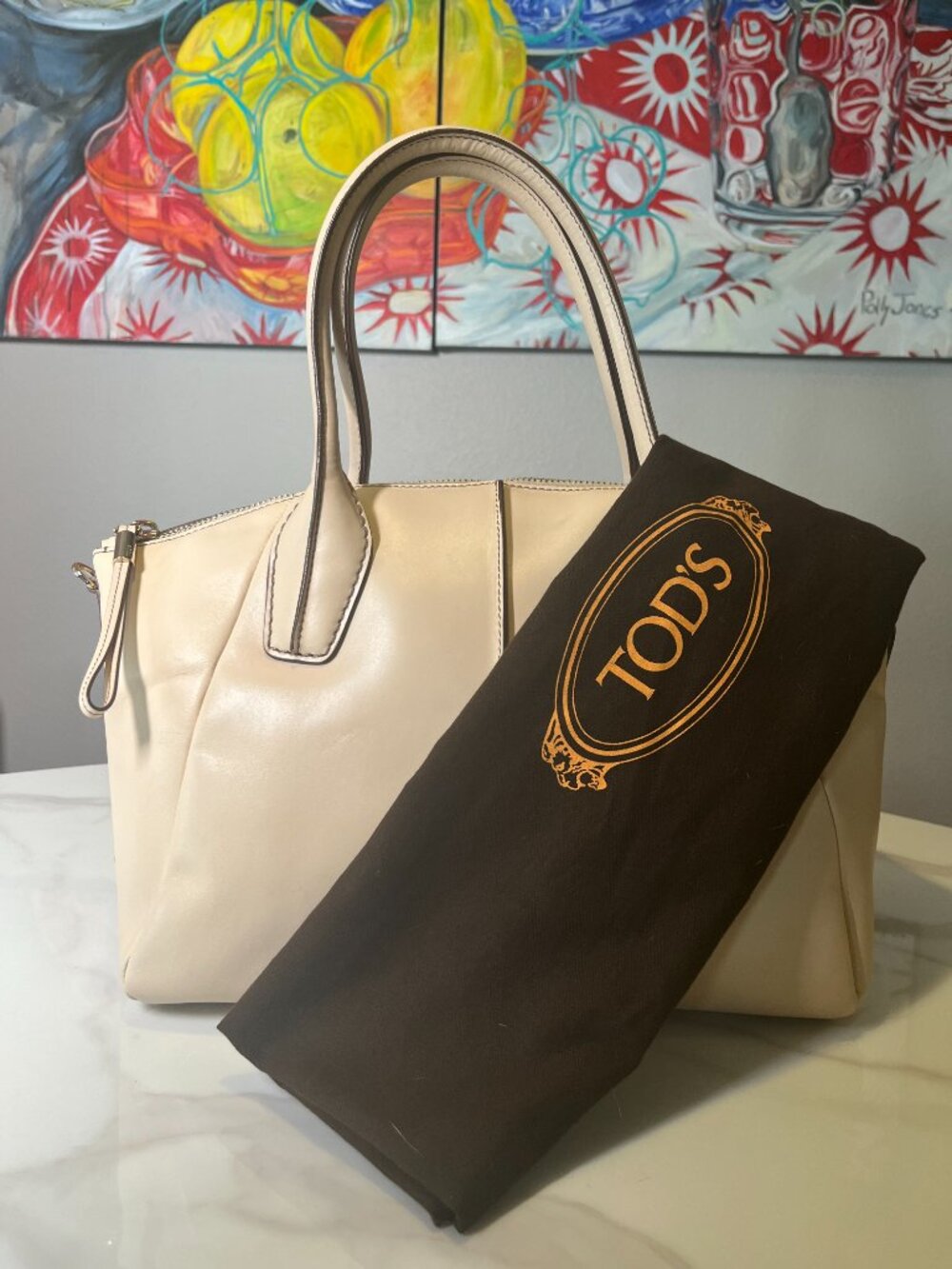 Tod's Soft Calfskin Cream Leather Tote Satchel Bag Italy + Dust Bag